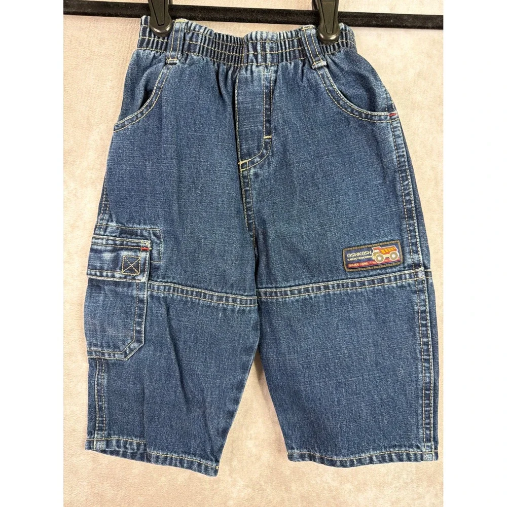 VTG OshKosh B'gosh Cargo Denim Pants Kids 12M Blue Construction Truck Patch